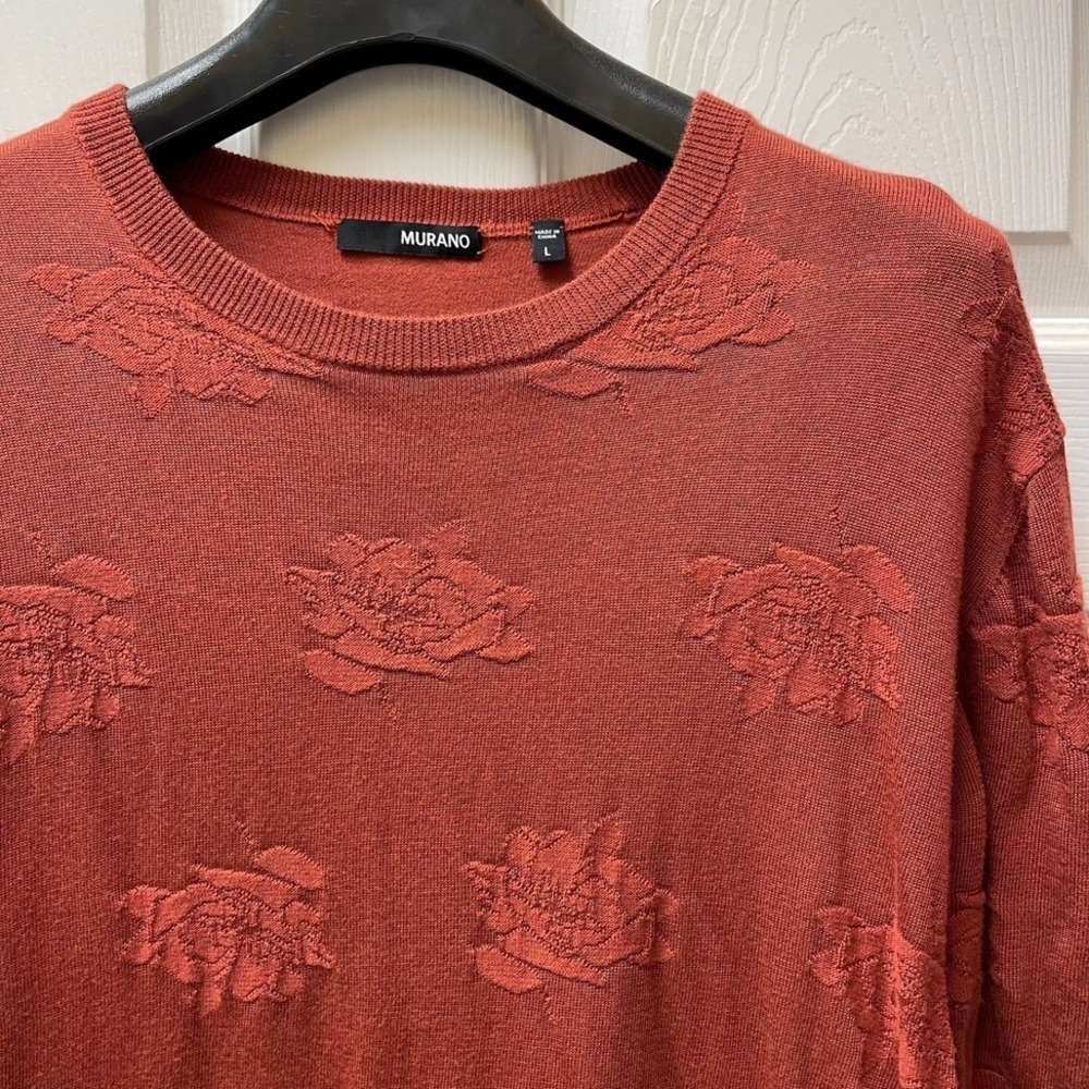 Murano‎ Men's Large Burnt Orange Textured Floral Short Sleeve Sweater Jacquard
